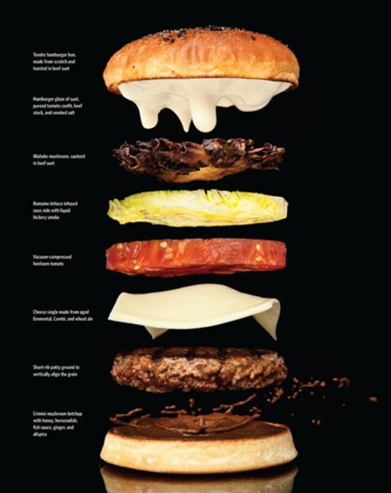This computer generated image courtesy of The Cooking Lab shows a stacked hamburger illustration from \"Modernist Cuisine: The Art and Science of Cooking,\" by Nathan Myhrvold.  The work traces the development of cooking from prehistoric spit-roasted meat and early agriculture to the seemingly magical foods of the modernists _ dishes that change temperature as you bite into them, gels that transform liquids into solids, edible dirt _ and then tells you how they?re made.   (AP Photo/The Cooking Lab) NO SALES; EDITORIAL USE ONLY